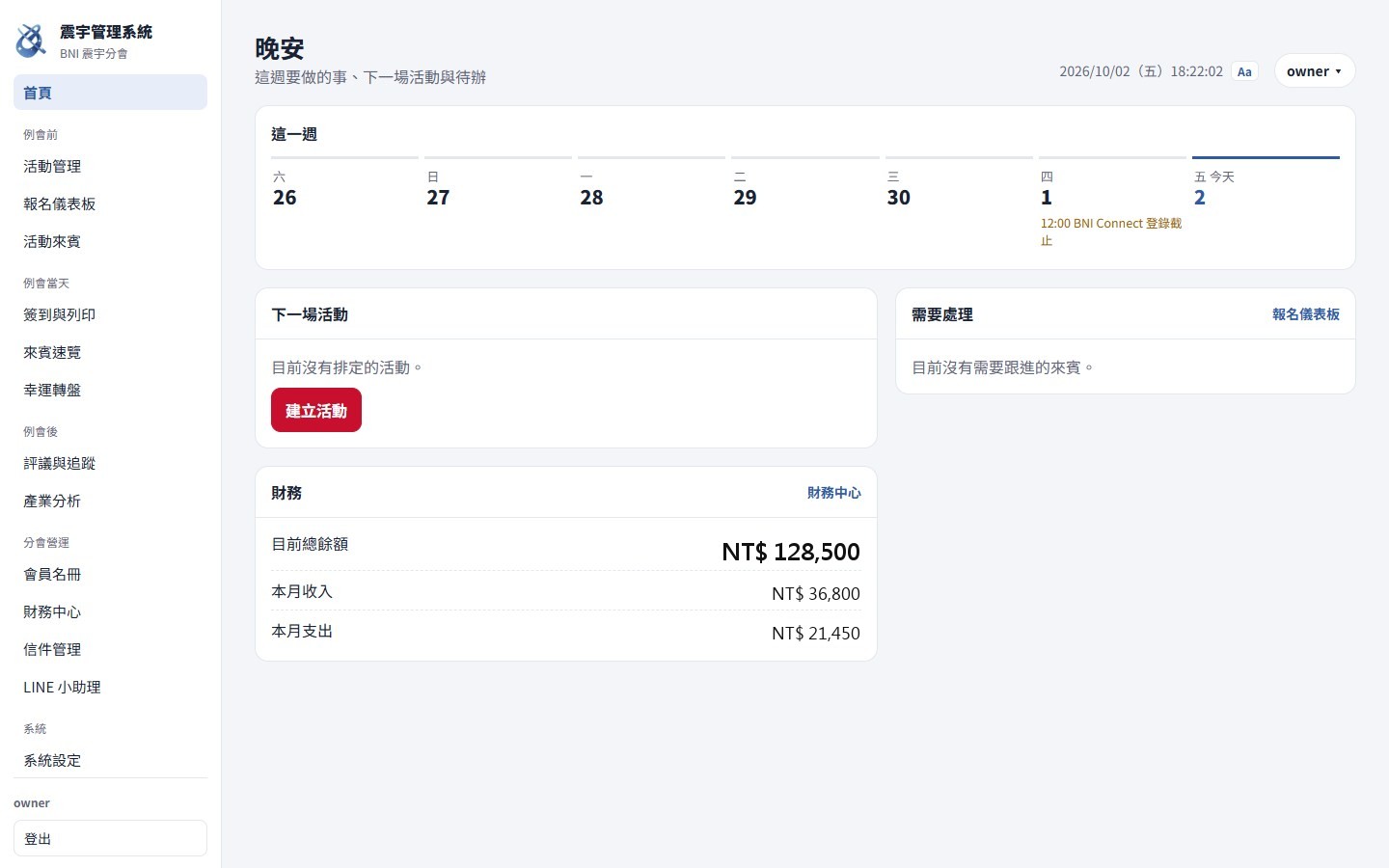 震宇管理系統後台首頁：這週行事曆、下一場活動、需要處理、財務（示範金額）